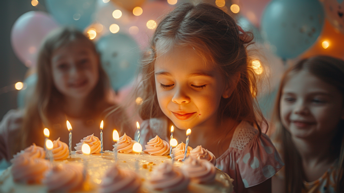 Момент волшебства: Девочка 8 лет празднует свой день рождения, радуя гостей и окружающих своей улыбкой и радостью.