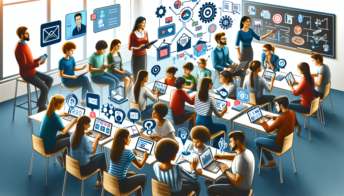 На этом изображении показаны студенты активно участвующие в уроке, используя цифровые устройства для интерактивных учебных активностей, таких как викторины, обсуждения и коллективные задачи. В классе присутствует разнообразная группа студентов, взаимодействующих с учителем в динамичной и интерактивной обстановке. Также изображены персонализированные учебные пути, элементы геймификации обучения и развитие коммуникативных навыков.