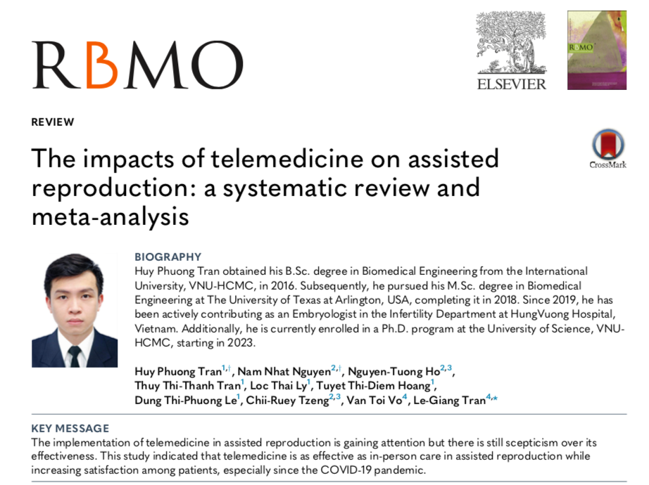 Tran HP, Nguyen NN, Ho NT, Tran TT, Ly LT, Hoang TT, Le DT, Tzeng CR, Vo VT, Tran LG. The impacts of telemedicine on assisted reproduction: a systematic review and meta-analysis. Reprod Biomed Online. 2024 May;48(5):103752. doi: 10.1016/j.rbmo.2023.103752.