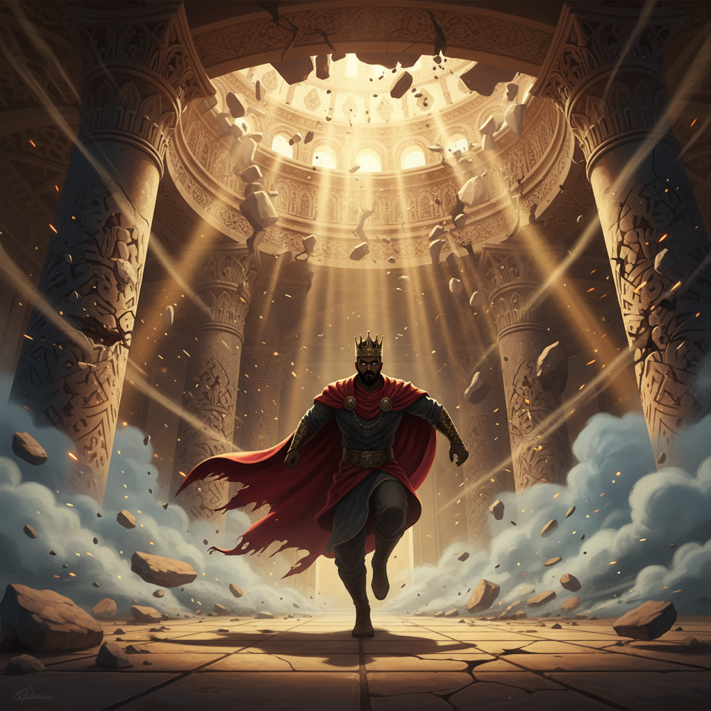 Король бежит по залу падающих колонн.