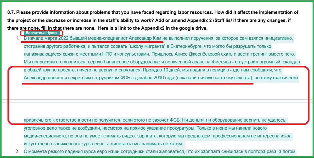 Скриншот из отчёта Валентины Чупик для грантодателя (Каритас Франции) 20 октября 2022 года.