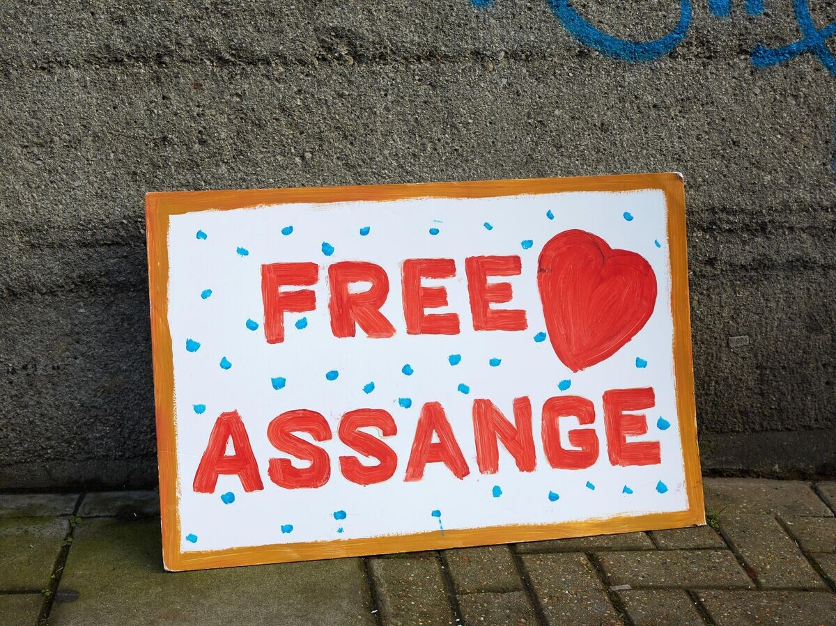    Плакат сторонников основателя WikiLeaks Джулиана Ассанжа © РИА Новости / Алекс МакБрайд