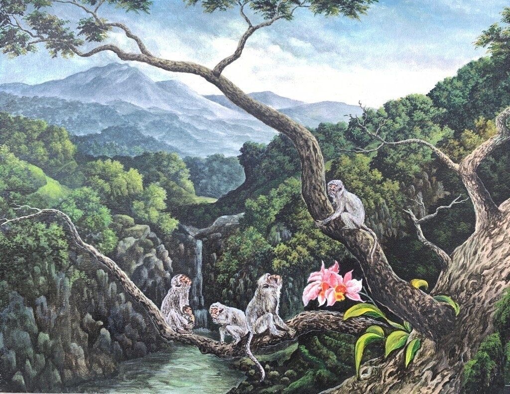 Китайская гравюра - обезьяны у водопада