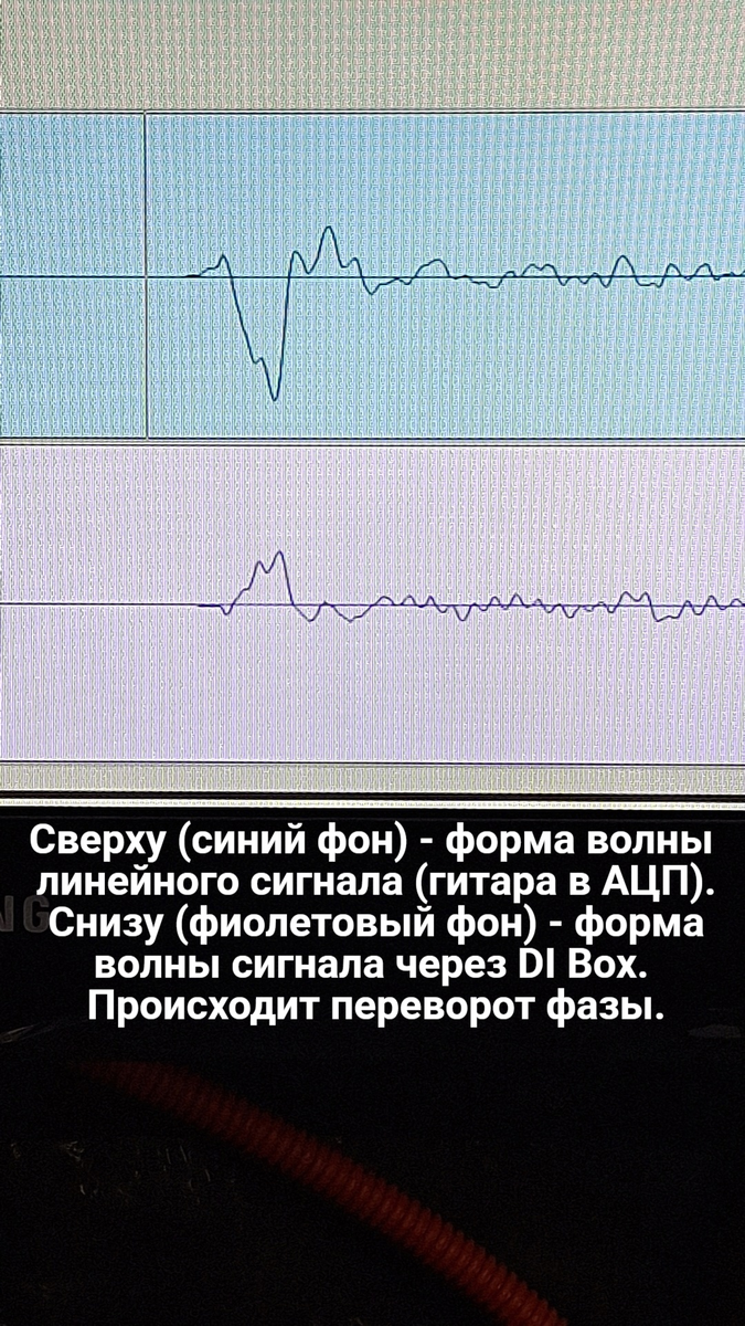 Сравнение фазы двух сигналов: первый - из гитары в АЦП. Второй - из гитары в дибокс и затем в АЦП.