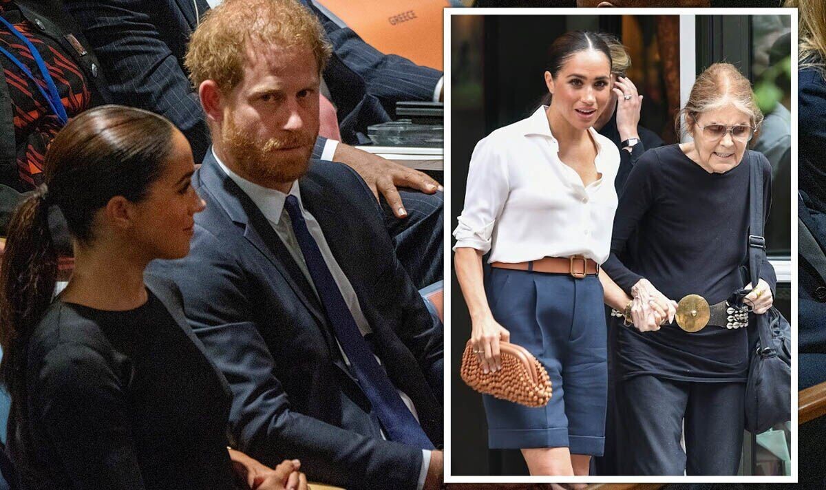 "Ребят, мне так плохо... Кто эти люди? Что я здесь делаю?.. Можно мне уже домой?.." Гарри и Меган на очередной сходке феминисток - слева. Справа - Меган и "праматерь" всех феминисток 20 века Глория Стайнем. Источник фото: d1dagyb1ctngx1.cloudfront.net 