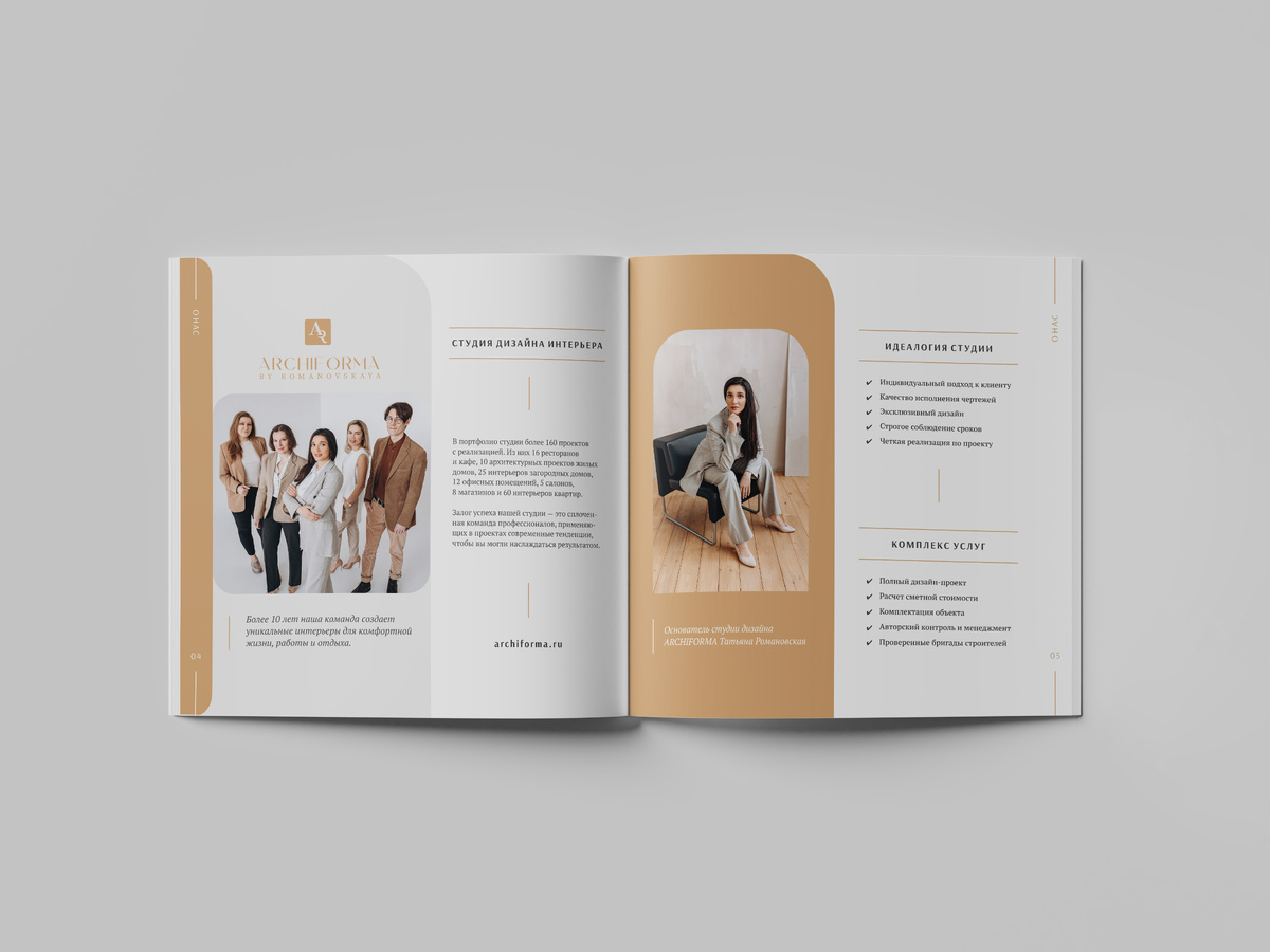Разворот буклета с командой дизайнеров и архитекторов Archiforma