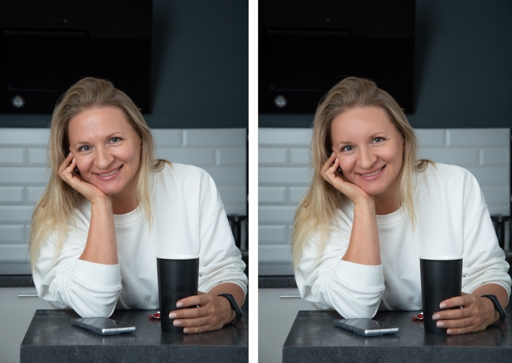 Слева оригинал фото без ретуши. Справа — фотошоп. Автор снимка — Дана, и я ее попросила не убирать лучики вокруг глаз.