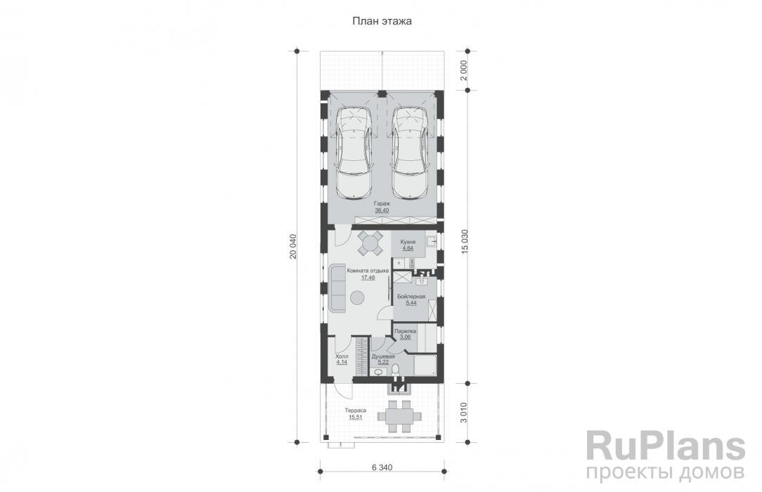 Холл - 4,14 м2 Душевая - 5,22 м2 Парилка - 3,06 м2 Бойлерная - 5,44 м2 Кухня - 4,64 м2 Комната отдыха - 17,49 м2 Гараж - 36,40 м2