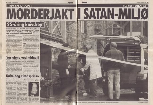  Норвежский с заголовком: “
охота на убийц в окружении сатаны” — с фотографией норвежского коронера, выносящего тело Евронимуса из его квартиры