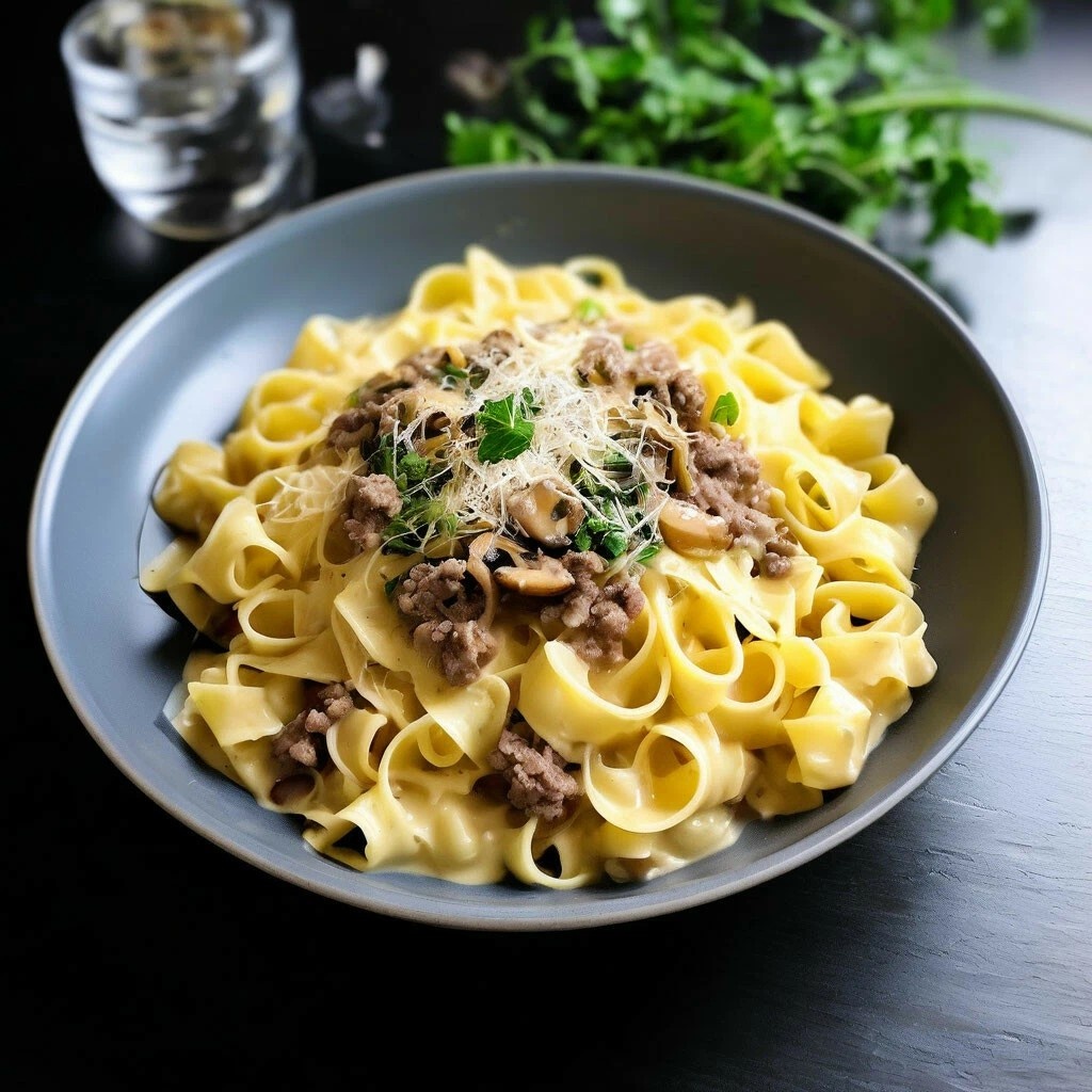 Макароны с сочным говяжьим фаршем, грибами и ароматным сливочным соусом