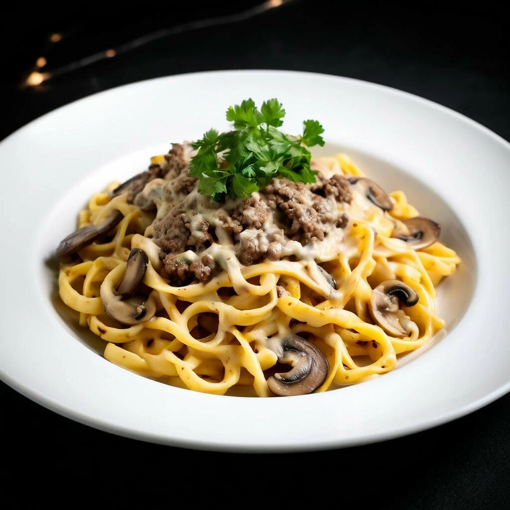 Вариант подачи. Вкусные макароны с сочным говяжьим фаршем, грибами и сливочным соусом