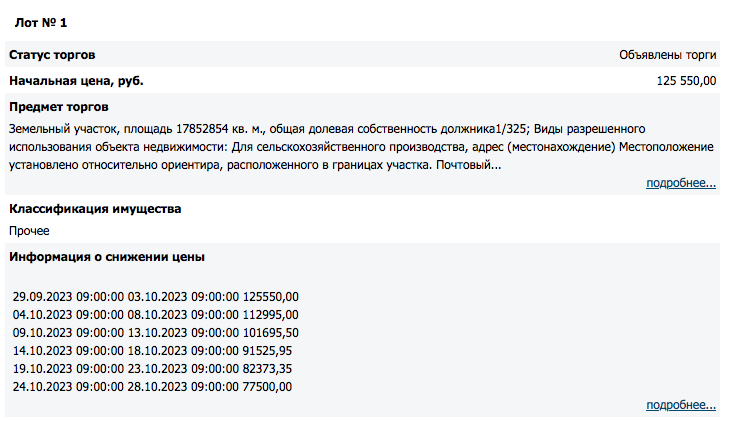 Пример публичного предложения с «прогнозом» понижения цены