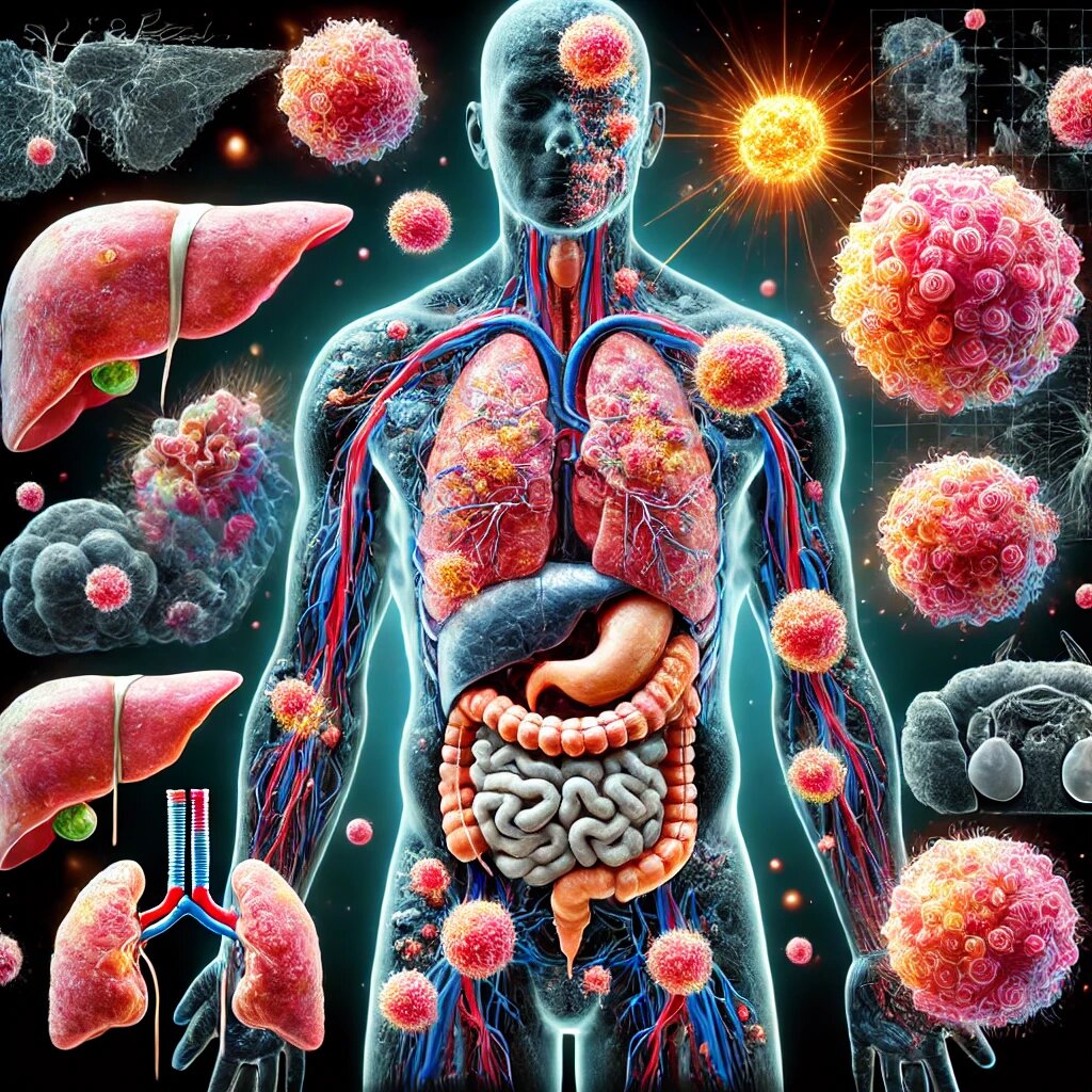 Метастатический рак (стадия IV) может распространяться по организму через кровеносную и лимфатическую системы, создавая новые опухоли в отдалённых органах, таких как печень, лёгкие или мозг. Это распространение часто усложняет лечение и требует системной терапии