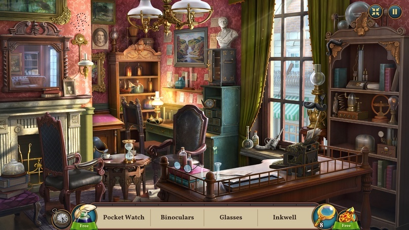 Найдите карманные часы, бинокль, очки и чернильницу