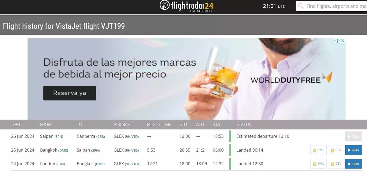 Согласно данным сервиса по отслеживанию маршрутов воздушных судов, самолет с Ассанжем (рейс VJT 199) вылетел из Великобритании и прибыл в Бангкок для дозаправки, после чего прилетел на остров Сайпан. Оттуда он должен доставить Ассанжа домой — в Австралию. Фото: Скриншот flightradar24.com