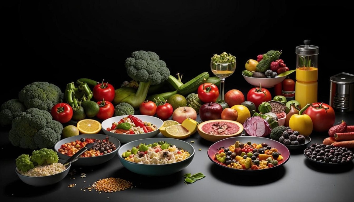 Разнообразные и сбалансированные блюда, включающих овощи, фрукты, белки и злаки