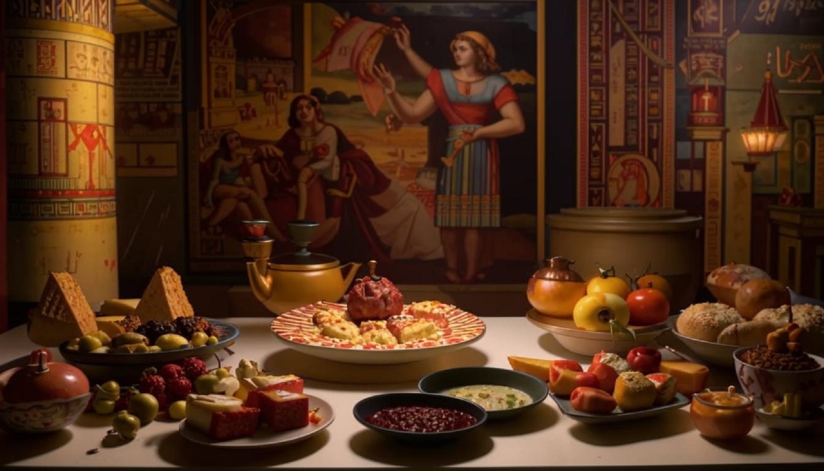 Древние фрески или картины, изображающие сцены еды в Древнем Египте, Греции или Риме