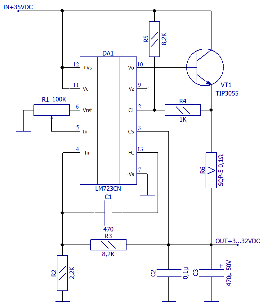 Схема электрическая принципиальная стабилизатора на основе LM723 с регулируемым выходом и защитой