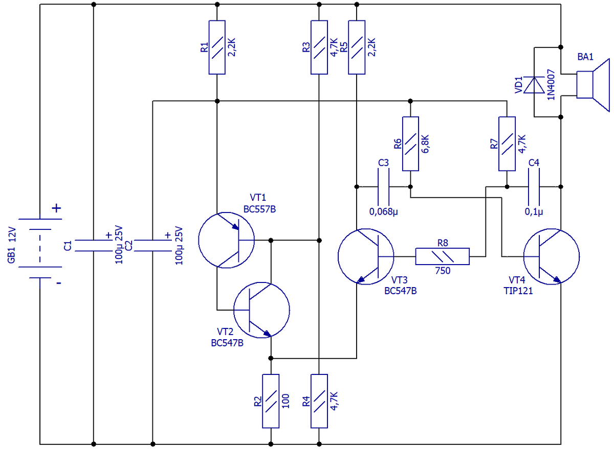 Схема электрическая принципиальная двухтональной сирены мощностью 14 Вт при питании 12 В