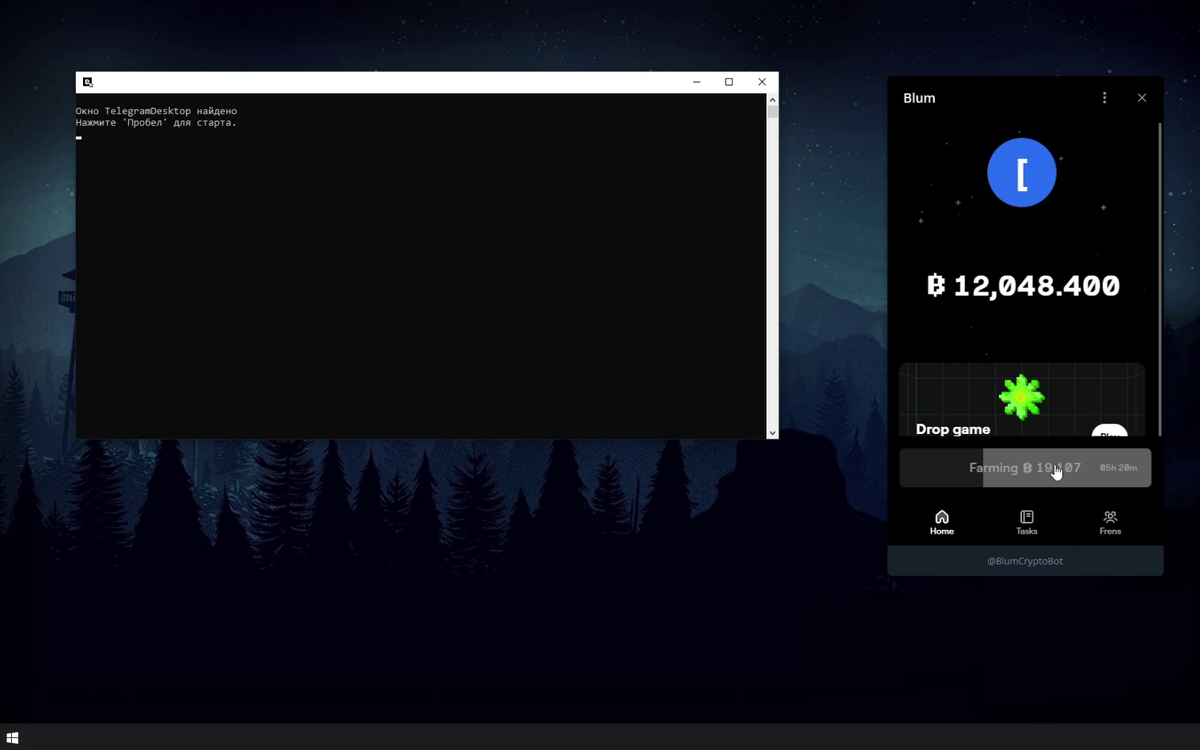 Консоль софта и приложение Blum