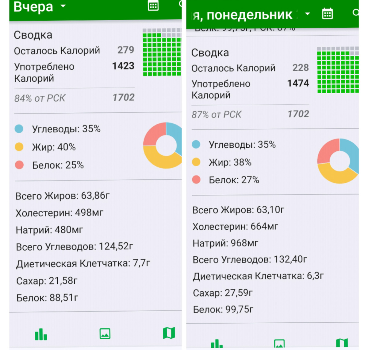 Сводка за два дня: употреблено около 85% от расчётного дефицита 1700ккал. Фактически 1450ккал.