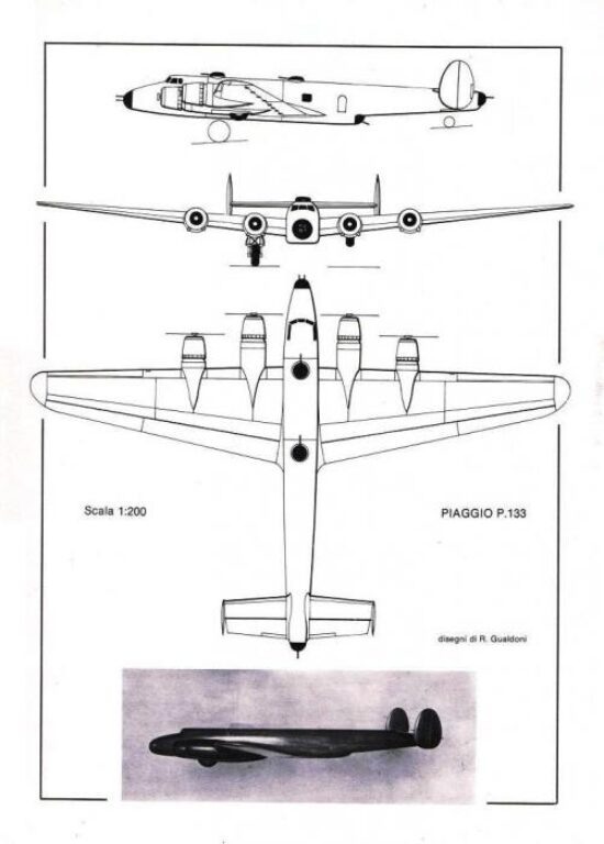  схема проекта тяжелого бомбардировщика Piaggio P.133. Внизу показана деревянная модель для испытаний в аэродинамической трубе