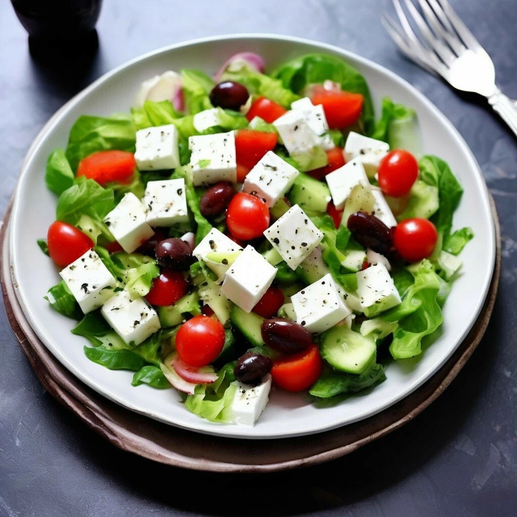 Греческий салат с помидорами, огурцами, маслинами, фетаксой и ароматной заправкой. Классический рецепт