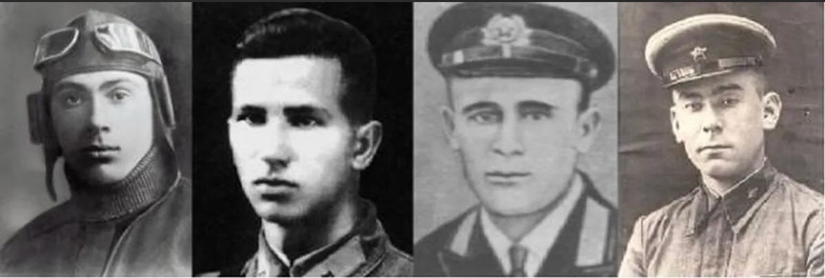 Экипаж дальнобойного бомбардировщика ДБ-3Ф (слева направо): капитан Н. Гастелло, лейтенант А. Бурденко, лейтенант Г. Скоробогатый, старший сержант А. Калинин.
