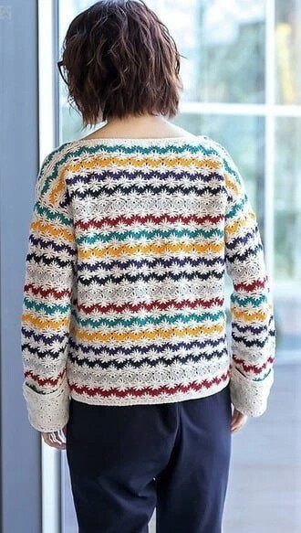 Пуловер из хлопка вязаный крючком из семи разноцветных нитей. Вяжем с нами
