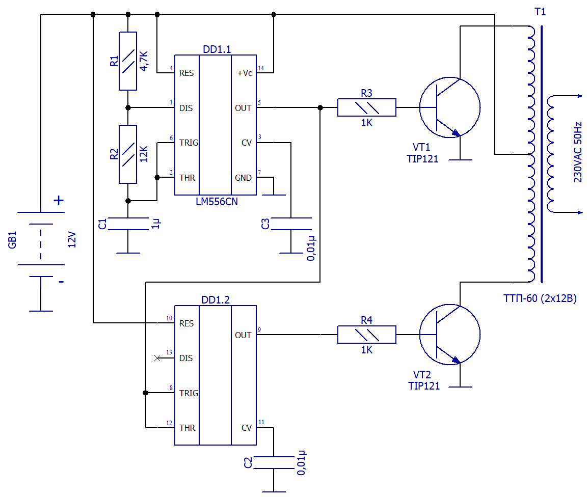 Схема электрическая принципиальная DC-AC преобразователя бортовой сети автомобиля на тай-мере 555