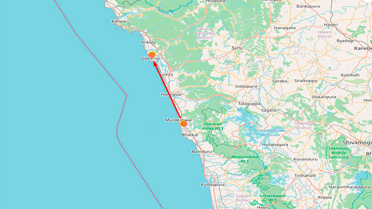 Мурдешвар и Гокарна на карте Индии.