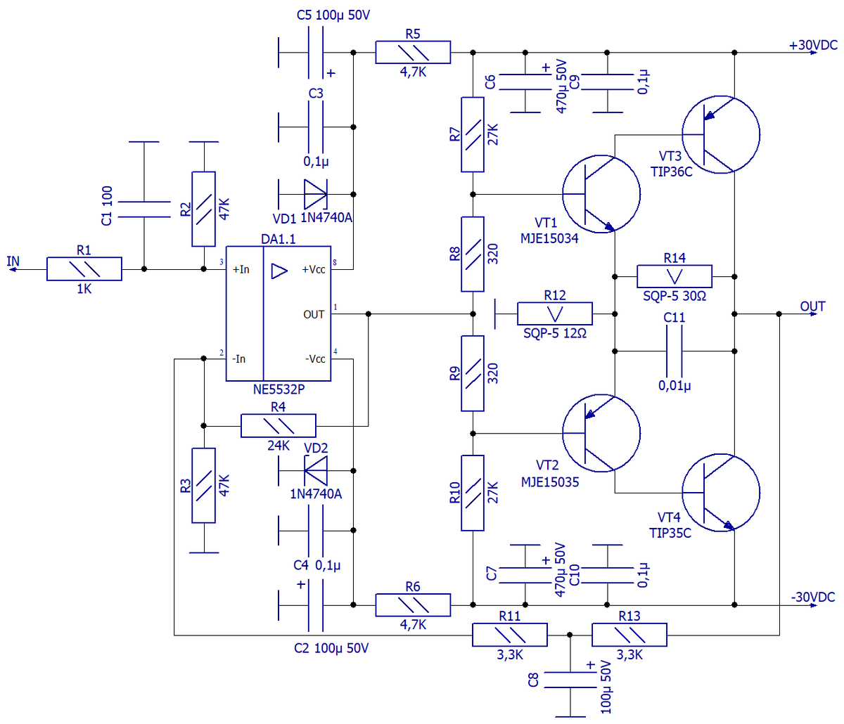 Схема электрическая принципиальная усилителя мощности М. Дорофеева