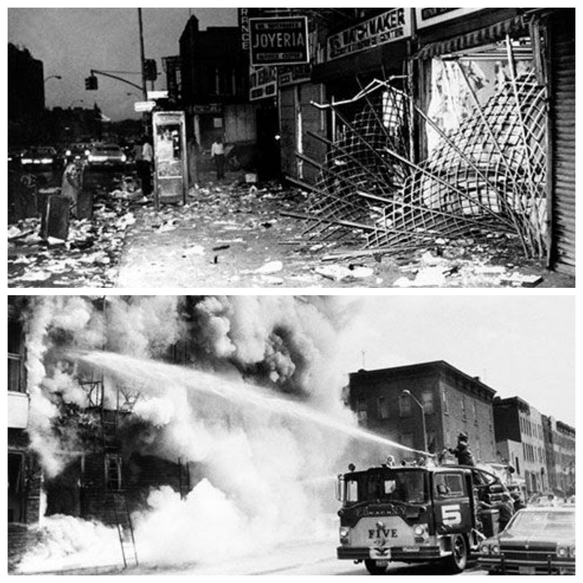 Вверху: разграбленный магазин. Внизу: пожарные тушат дом в Бруклине