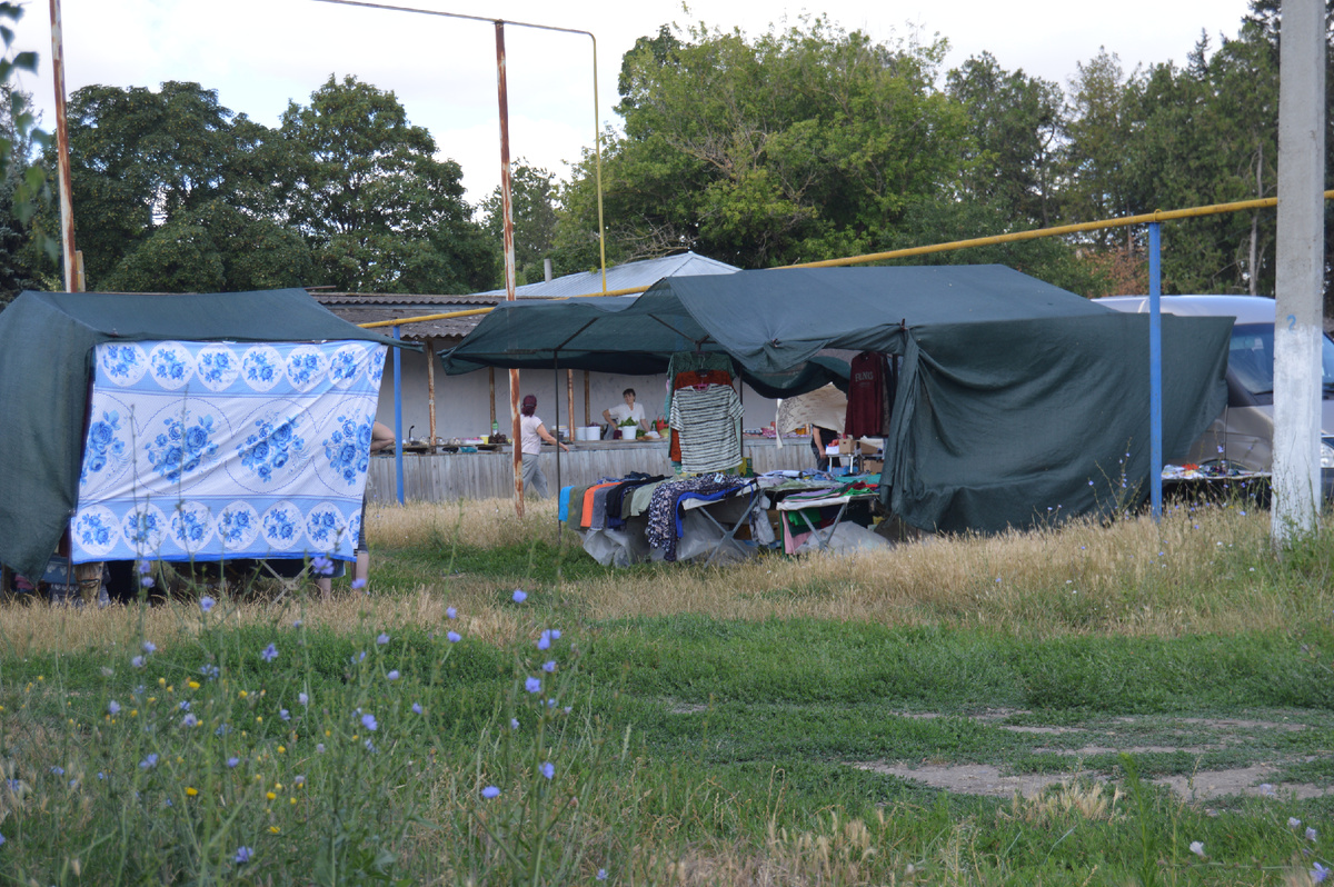 Фото автора. 27.06.2024. Четверг. Станица. Станичный рынок. Таким образом предприниматели спасаются от жары. Торговли нет, от слова совсем.