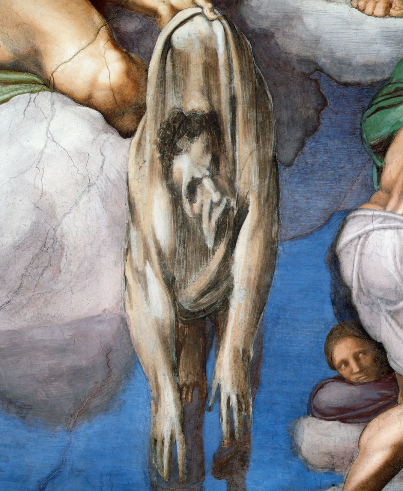 Фрагмент фрески "Страшный суд" на стене Сикстинской капеллы, 1537-1541 гг., Ватикан. Считается, что на содранной человеческой коже Микеланджело изобразил свой автопортрет