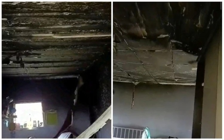 В двух комнатах полностью выгорел потолок