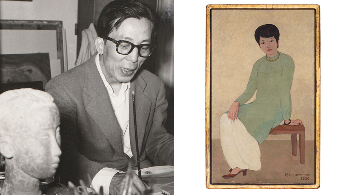 Иллюстрация на фотографии художник Mai Trung Thu и его картина «Portrait de Mademoiselle Phuong» (Портрет мисс Фуонг), 1930, Sothebys.com
