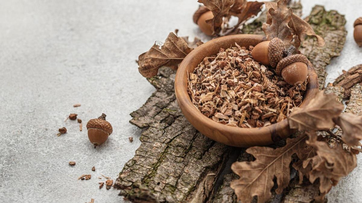    Кора, листья дуба и желуди:Freepik