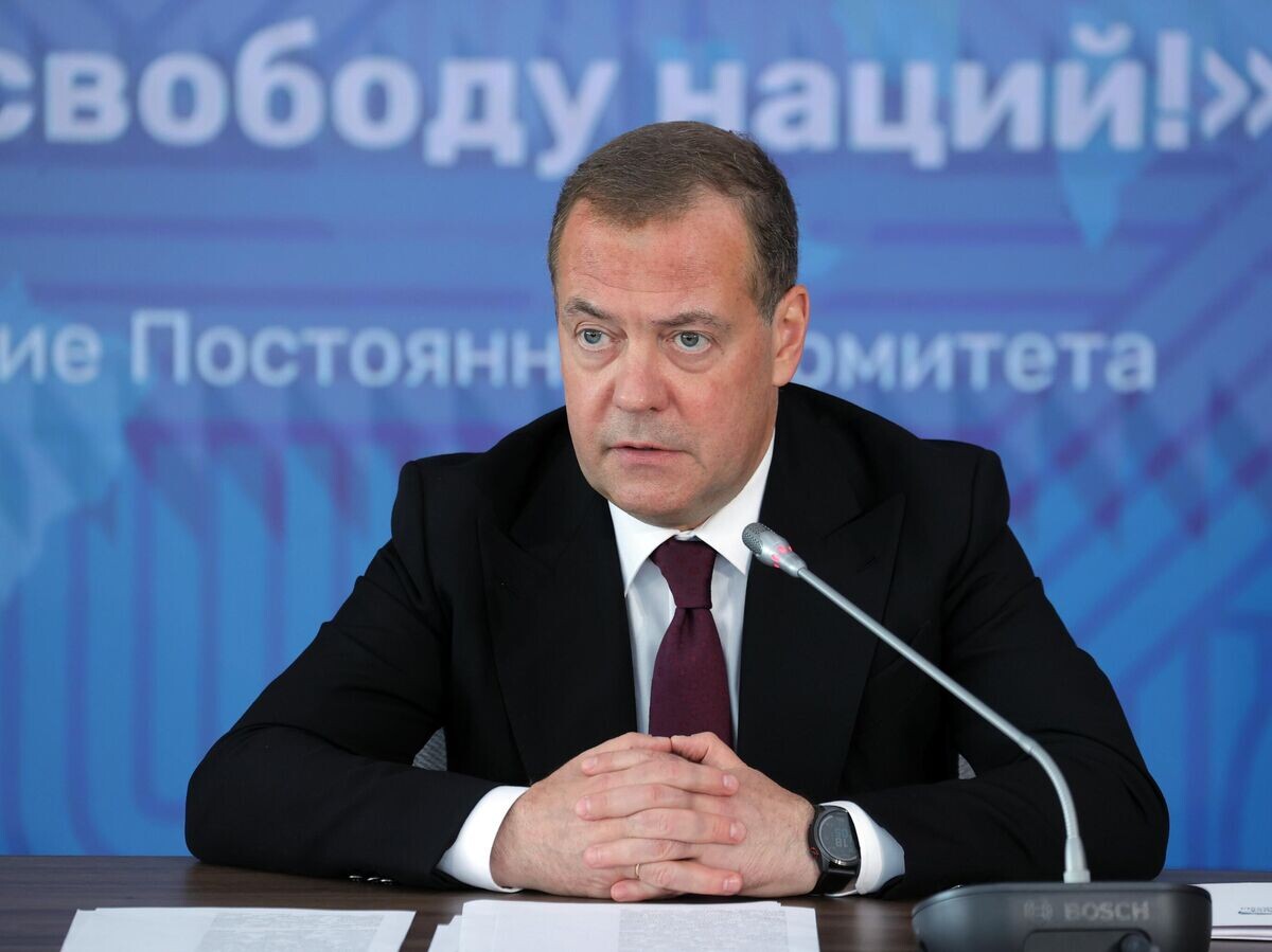    Заместитель председателя Совета безопасности России Дмитрий Медведев выступает на заседании постоянного комитета движения "Форум сторонников борьбы с современными практиками неоколониализма — "За свободу наций!" во Владивостоке© РИА Новости / Екатерина Штукина