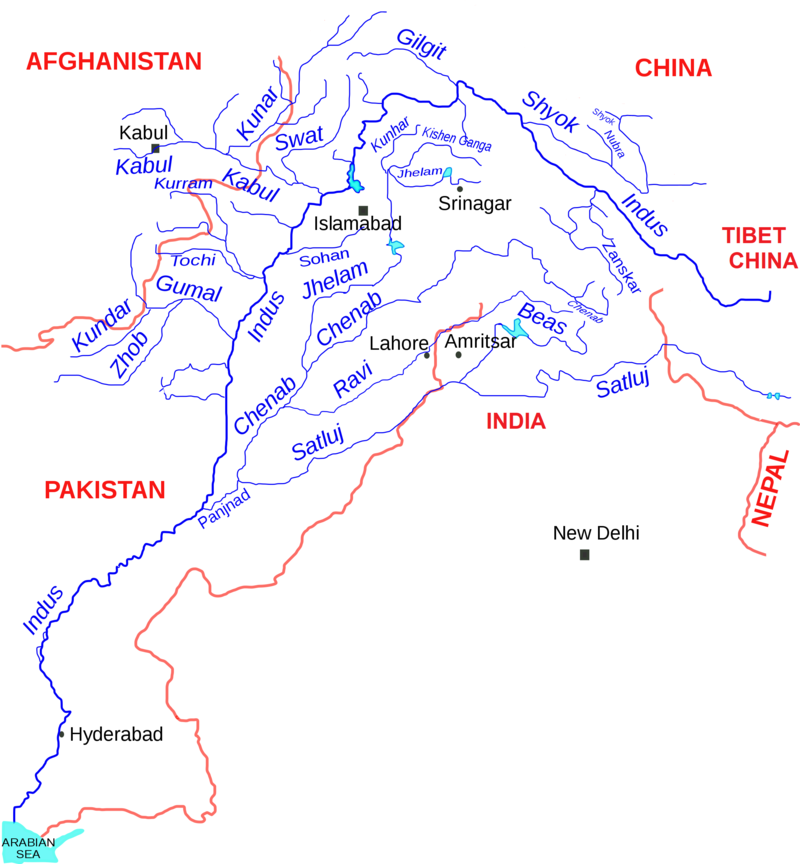 Речная система Инда. Находившаяся сразу к востоку речная система Сарасвати не показана. Википедия.