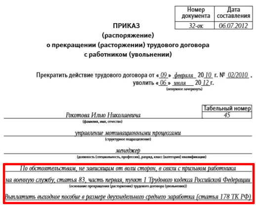 Так выглядит приказ об увольнении сотрудника в связи с призывом в армию (источник: triptonkosti.ru)