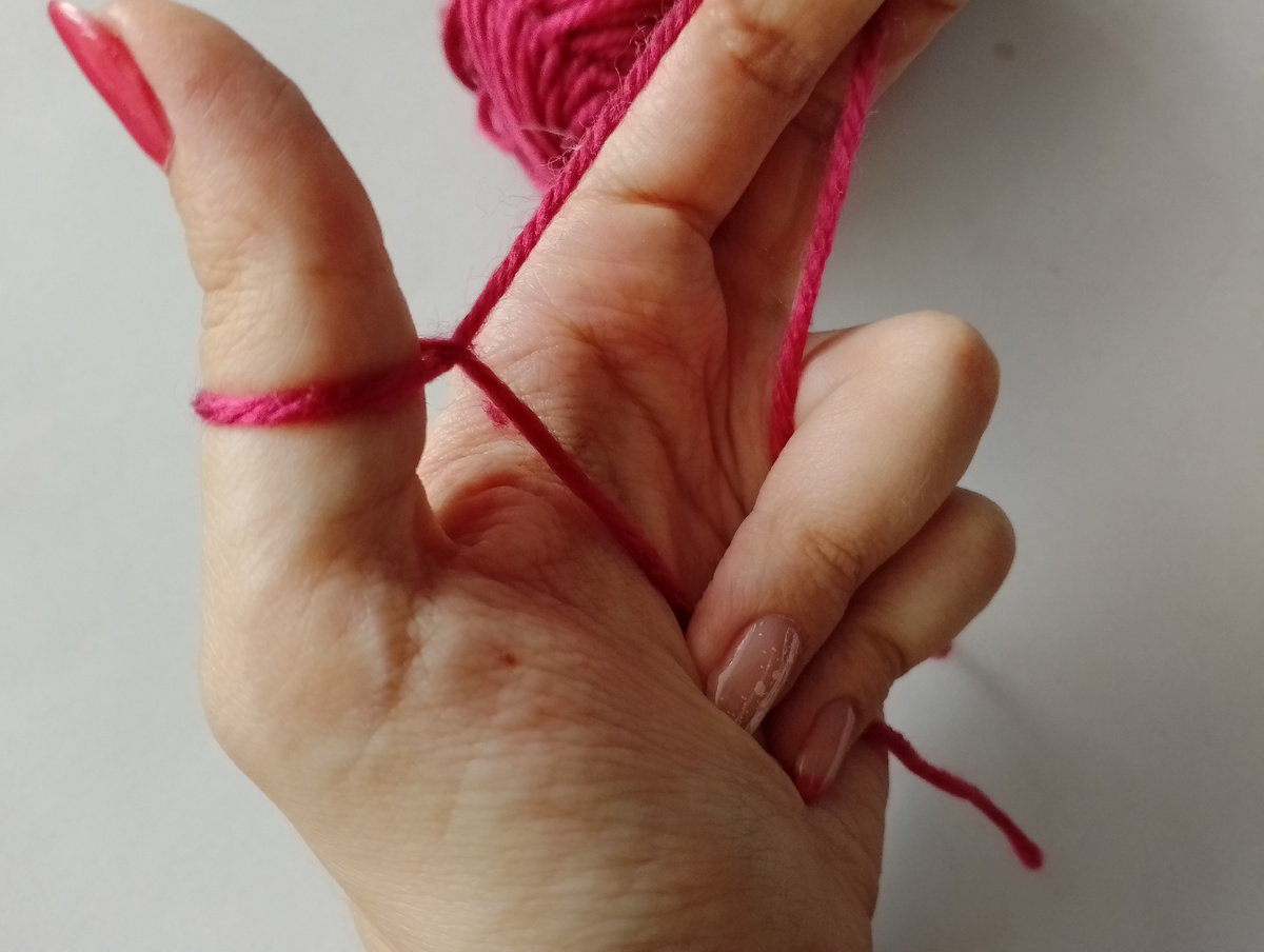 Перекручиваем нить вокруг большого пальчика: основную (рабочую) нить натягиваем с большого пальца на указательный, а хвостик нити спускаем вниз поверх рабочей нити и придерживаем свободными пальцами. Фото из архива автора.
