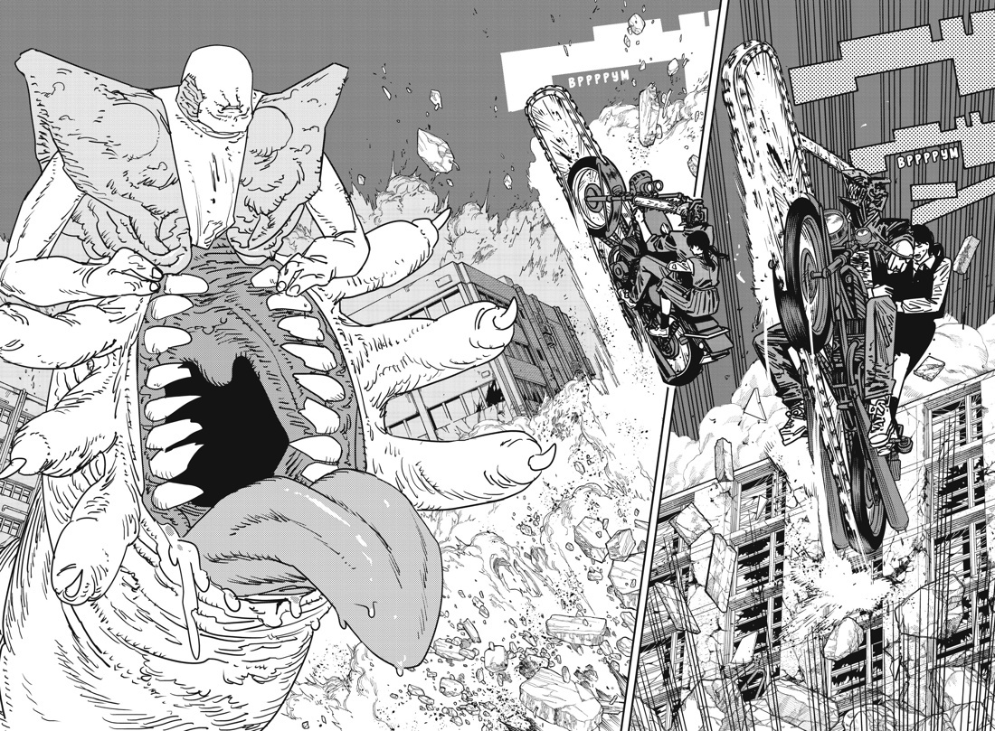 Разворот из манги Тацуки Фудзимото «Человек-бензопила 10. Книга 15: Закуска» (перевод Сергея Литвиненко) © ООО «Издательская Группа «Азбука-Аттикус»