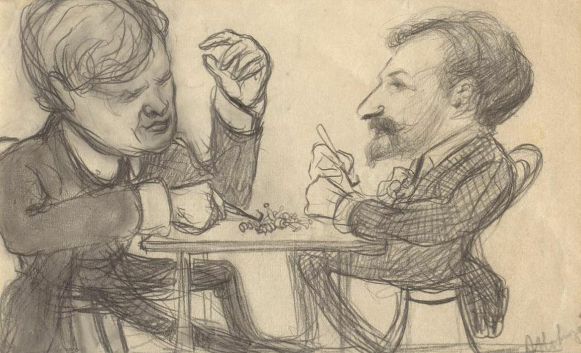 Федор Шаляпин и Федор Кёнеман за игрой в бирюльки. Шарж Алексея Новицкого, 1920–1922. Российский национальный музей музыки, Москва