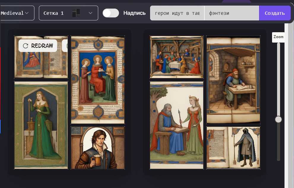 Например вот промт "герои идут в таверну" в стиле фэнтези. По факту набор случайных картинок не объединенных даже одним смыслом...