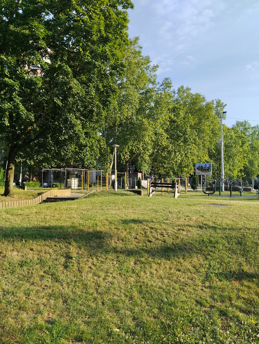 Спортивная площадка. Это турниковый городок. Рядом площадка с тренажёрами. Далее детская площадка. Магазин, кафе, сквер. Не делала фото, потому что там люди были.