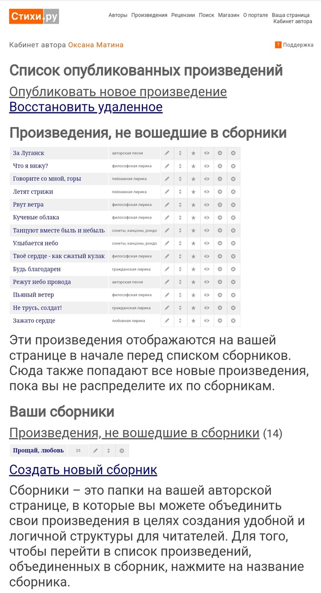 Так выглядит личный кабинет автора на СТИХИ.РУ