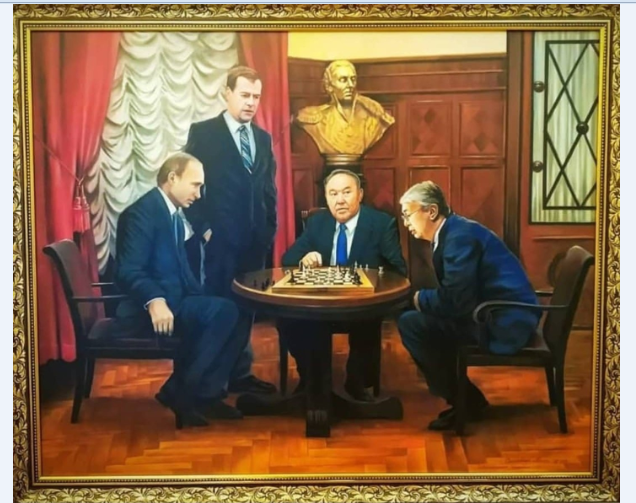 Картина маслом: В. Путин, Д. Медведев, Н. Назарбаев (Елбасы), К. Токаев.