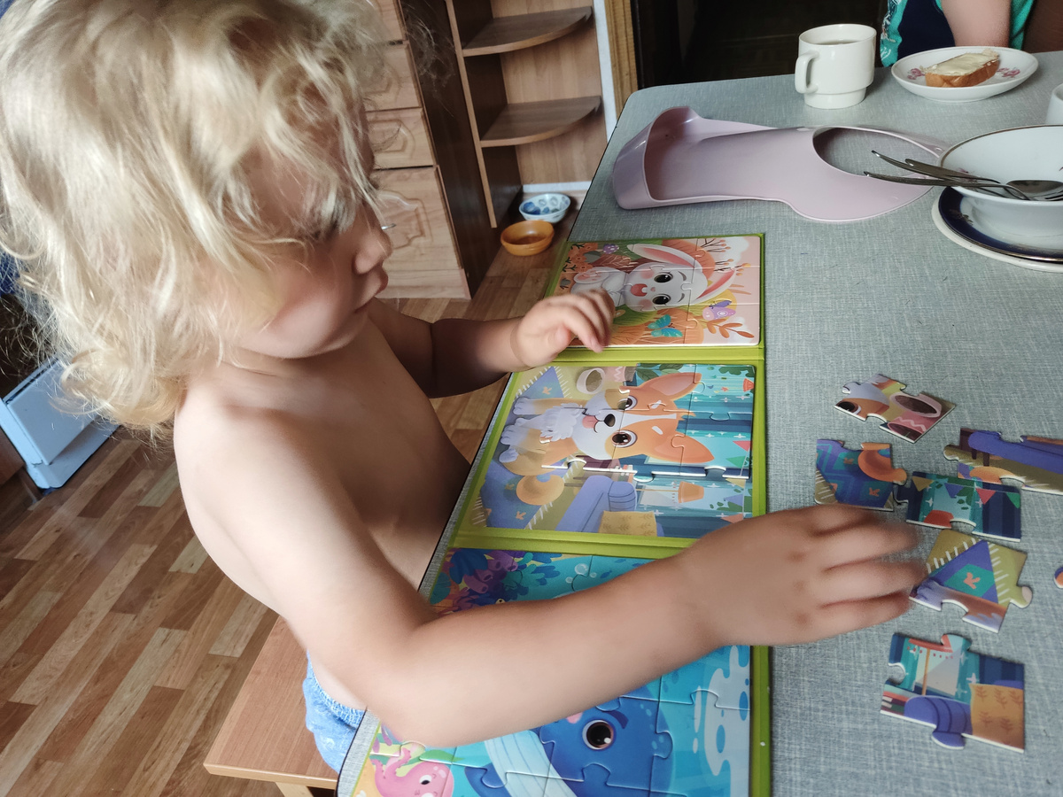 После завтрака у Злютика обязательный ритуал: или поделать какие-то задания, или пособирать паззлы. Утренняя зарядка для мозгов.