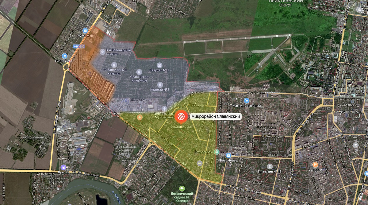 Устройство СМР. Первая зона (желтый) – старая часть. Вторая (синий) – нежилая зона. Третья зона (оранжевый) – новостройки